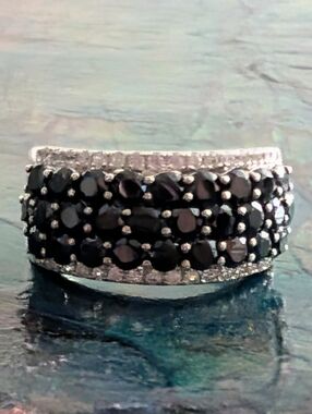 Elegant Black Spinel Pavé Band Ring With Clear CZ's Sterling Silver Ring Size 9